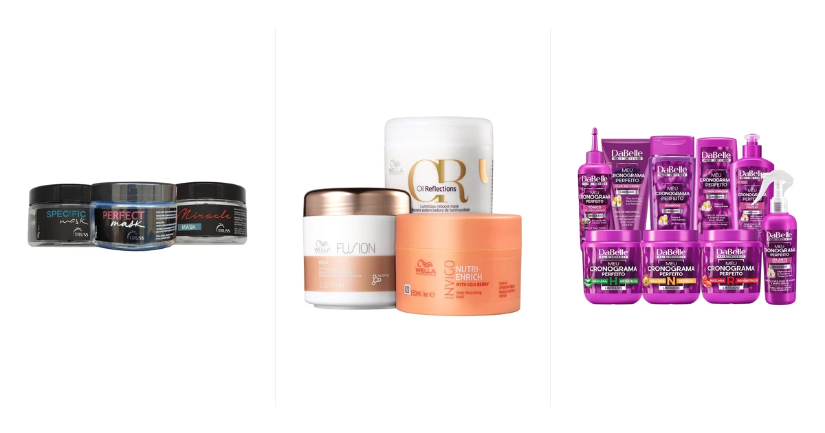 Kit cronograma capilar profissional com máscaras de hidratação, nutrição e reconstrução de uso salão