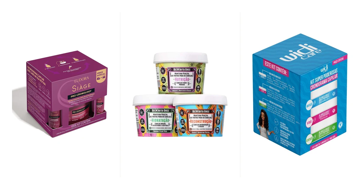 Kits prontos de cronograma capilar com máscaras de hidratação, nutrição e reconstrução