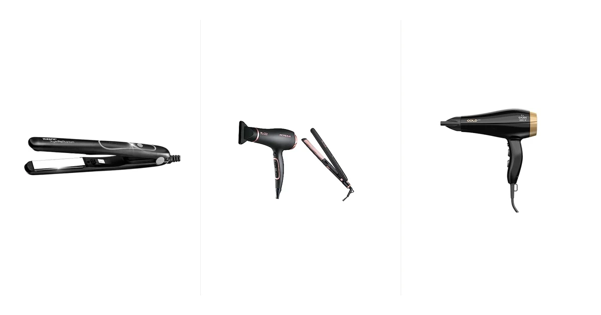 Kit com secador e chapinha da mesma marca sobre bancada com produtos capilares