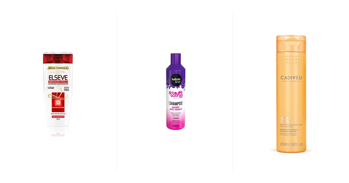 Shampoos de oito marcas alinhados mostrando o produto representativo de cada linha
