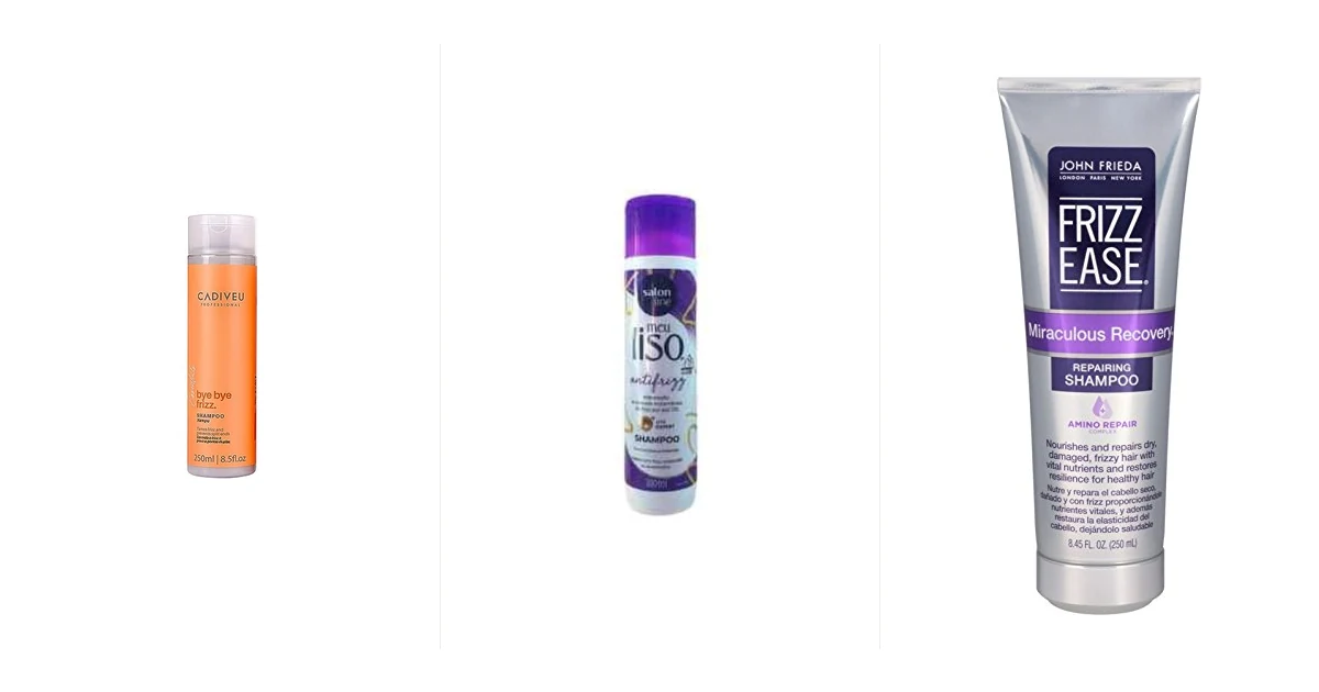 Seis frascos de shampoo anti frizz alinhados sobre bancada de mármore branco