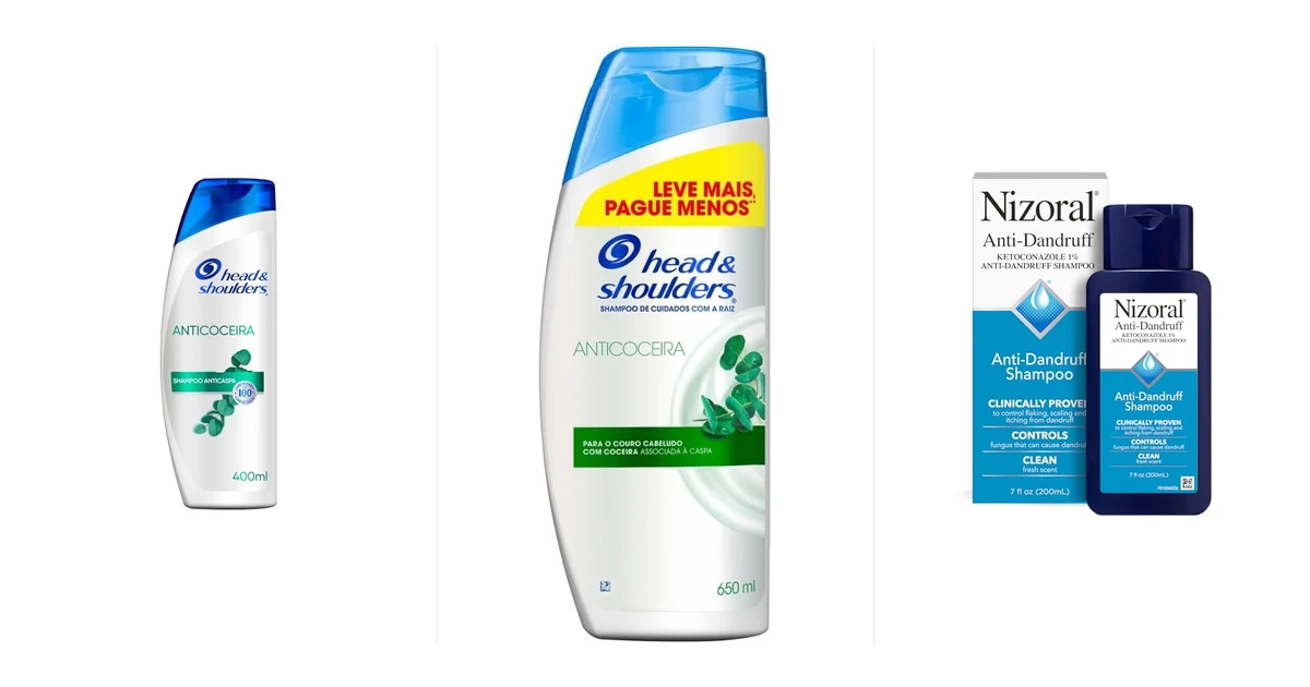 Sete frascos de shampoo anticaspa alinhados sobre pia de banheiro branca