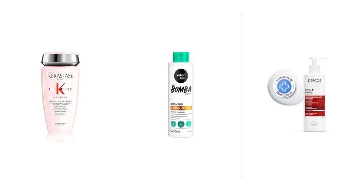 Frascos de shampoo antiqueda alinhados sobre bancada de banheiro com escova mostrando poucos fios