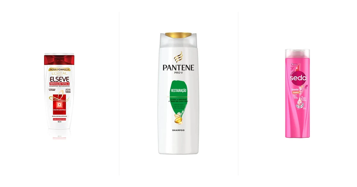 Frascos de shampoo baratinhos alinhados sobre pia de banheiro