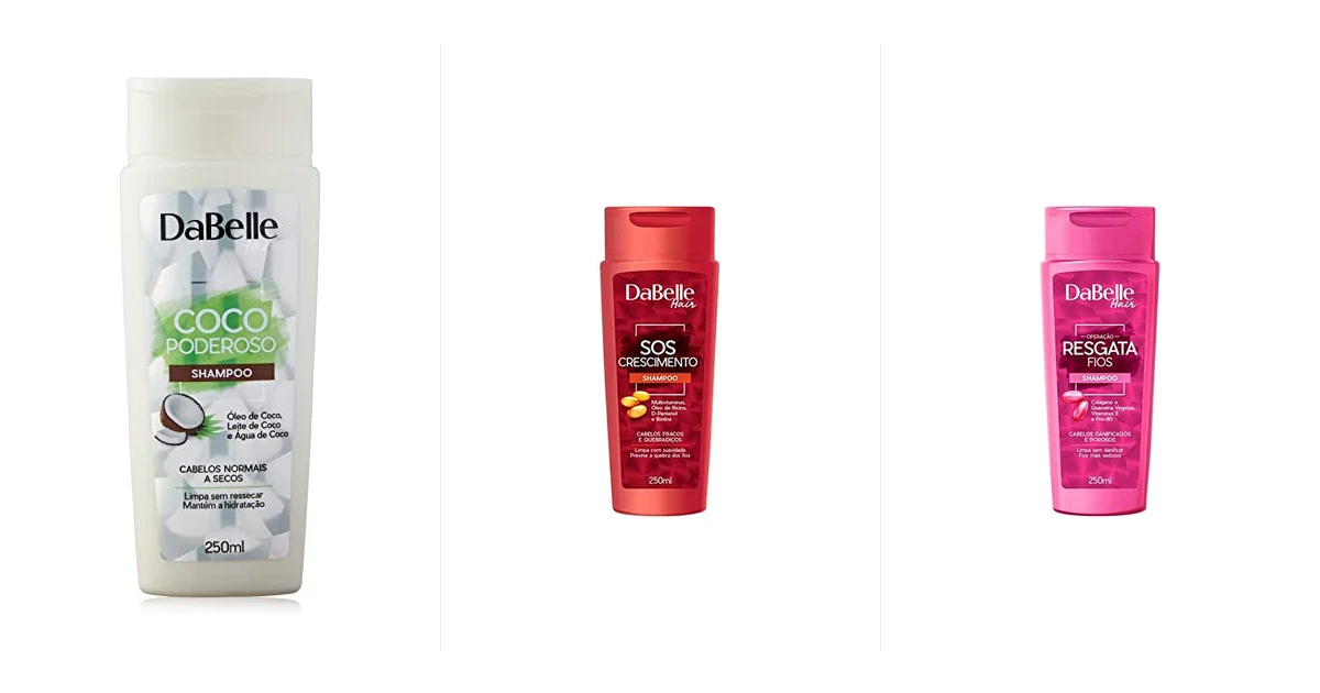 Seis shampoos Dabelle Hair enfileirados sobre bancada branca de banheiro