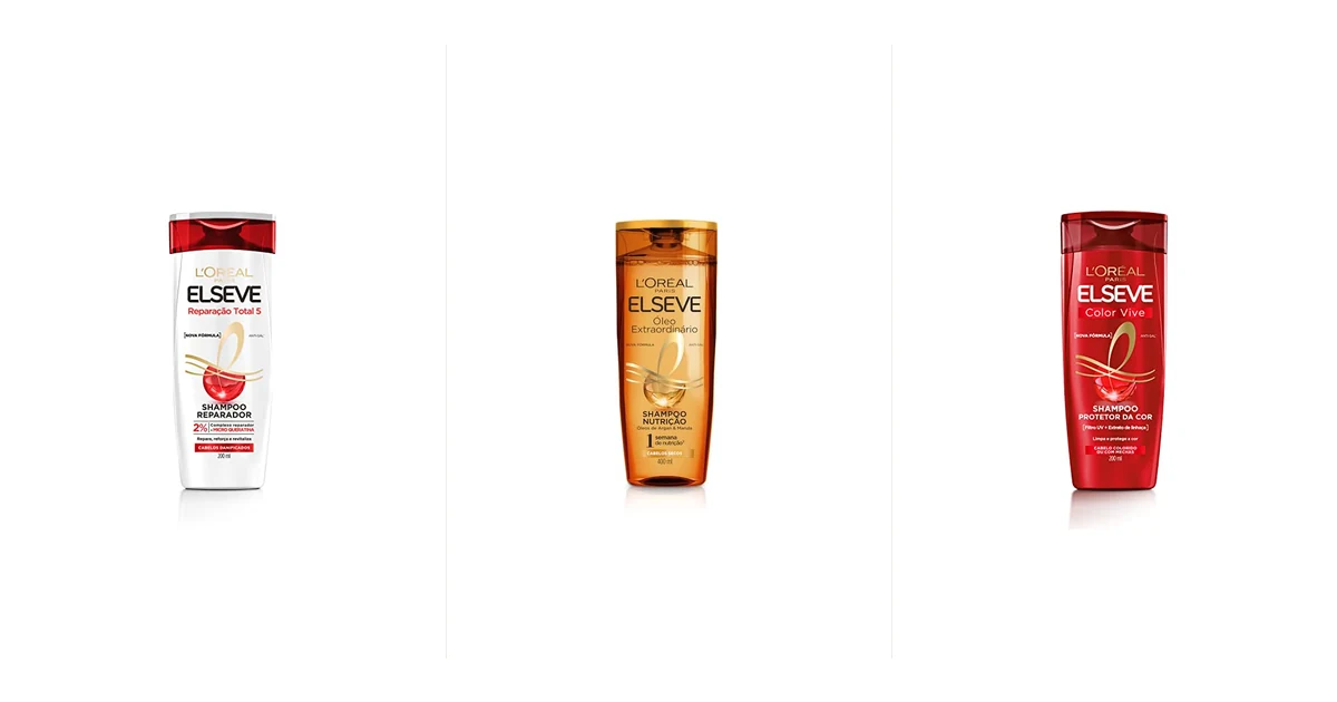 Seis shampoos Elseve enfileirados sobre bancada branca de banheiro