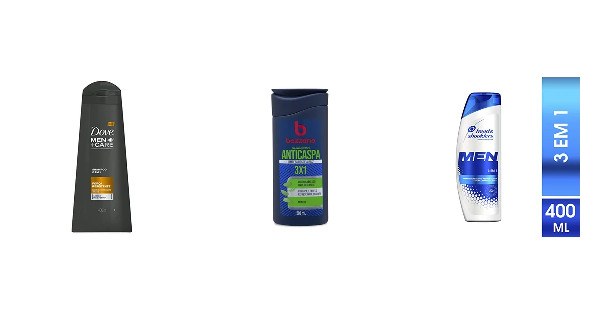 Frascos de shampoo masculino alinhados sobre bancada de banheiro com toalha escura