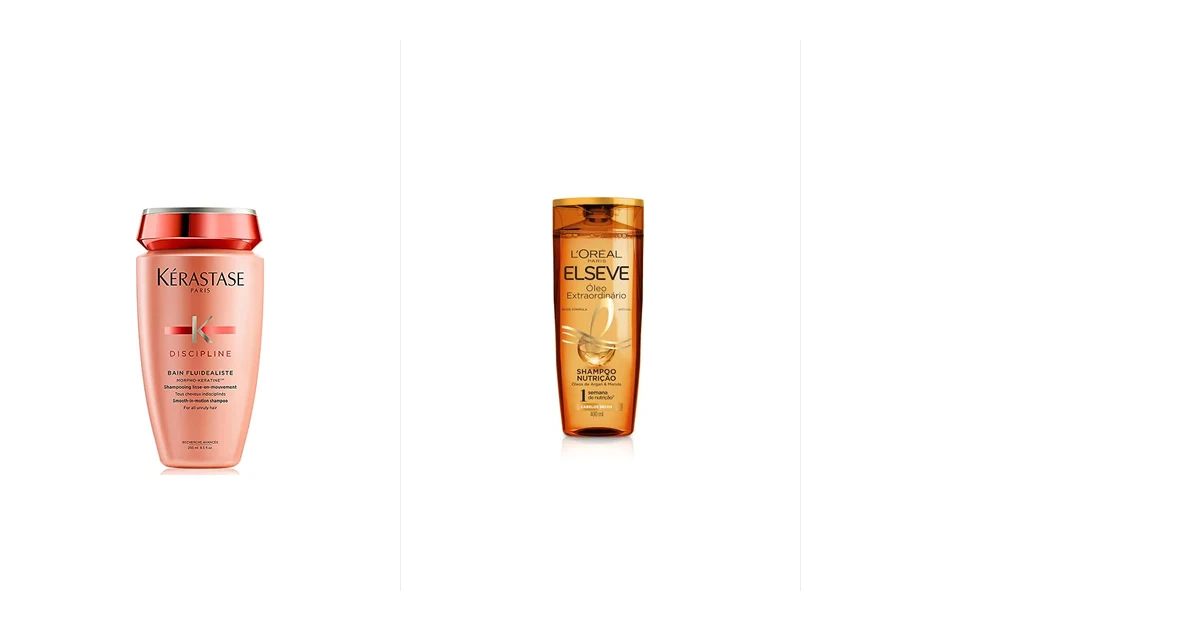 Frasco de shampoo profissional ao lado de mecha de cabelo liso escuro com brilho