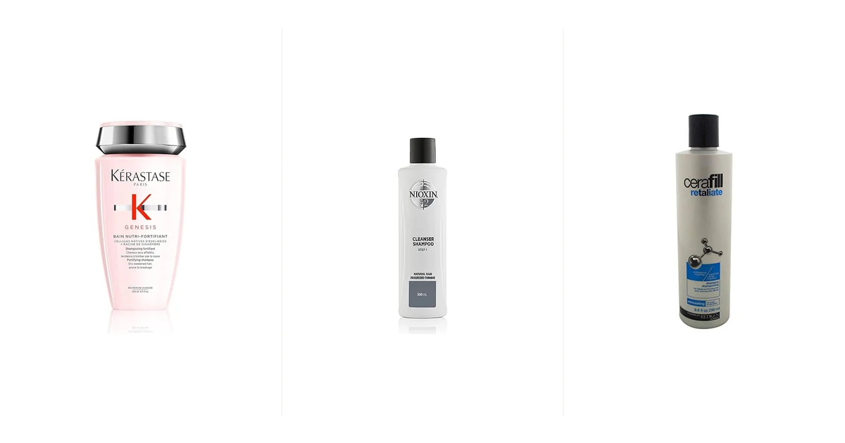Seis frascos de shampoo para cabelo fino alinhados sobre bancada branca de banheiro