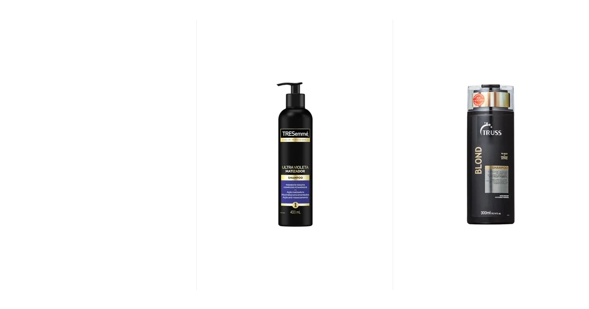 Frascos de shampoo matizador violeta sobre mecha de cabelo grisalho prateado