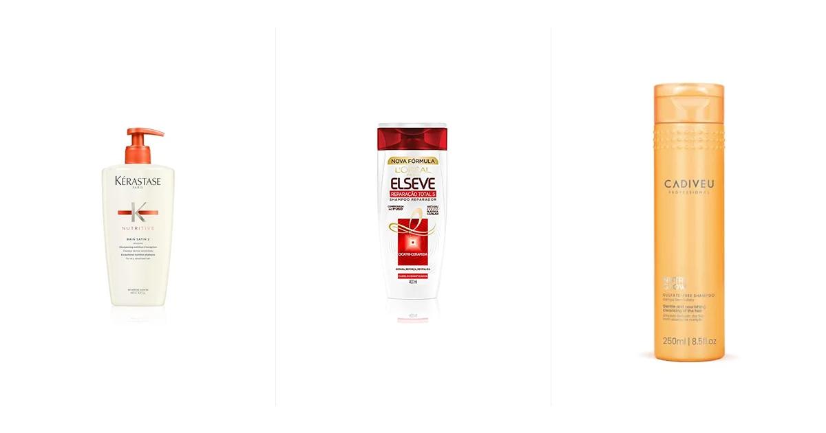 Frascos de shampoo hidratante alinhados em bancada de banheiro com toalha branca
