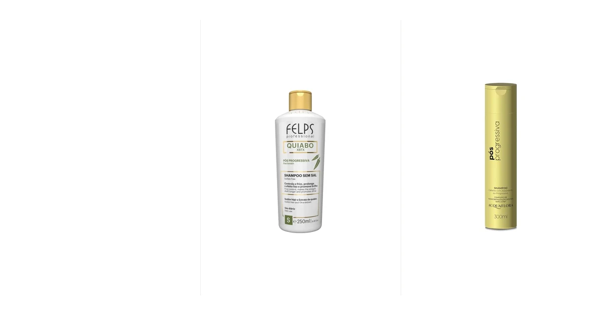 Frasco de shampoo pós progressiva sem sal ao lado de mecha lisa de cabelo escuro