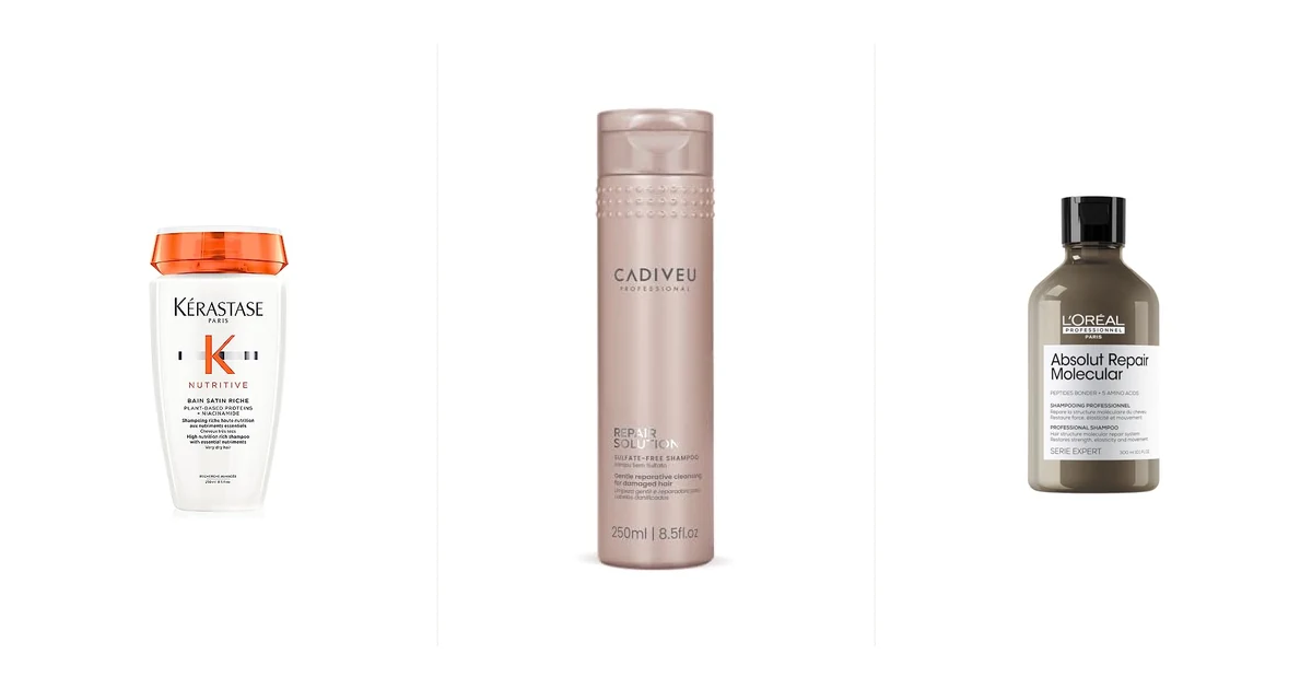Sete shampoos profissionais de salão alinhados mostrando as marcas Kérastase, Wella, L'Oréal Professionnel, Redken, Schwarzkopf, Cadiveu e Truss