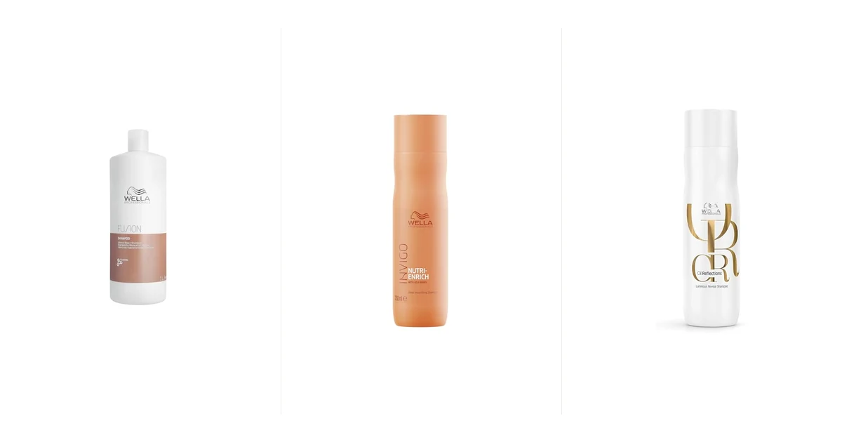 Seis shampoos Wella Professionals alinhados sobre bancada branca de salão profissional
