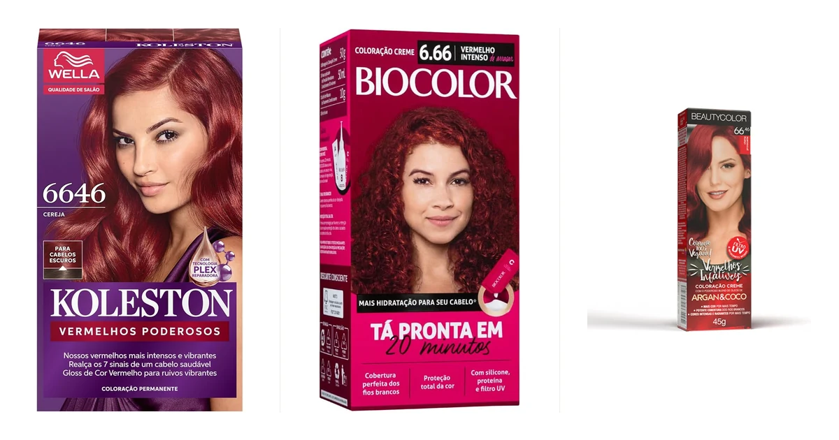 Caixas de tinta vermelha para cabelo Wella Koleston, BioColor e BeautyColor lado a lado