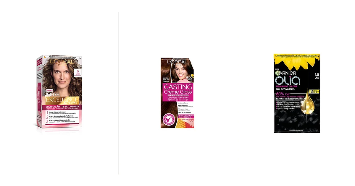 Sete caixas de tintura de cabelo alinhadas mostrando diferentes marcas e tons