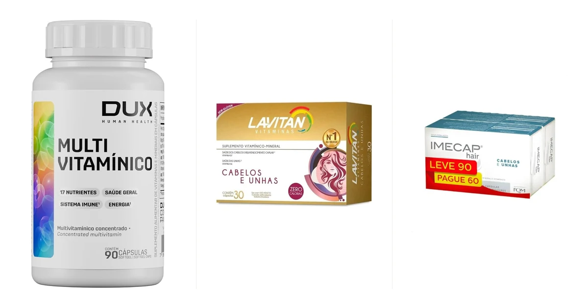 Frasco de suplemento vitamínico ao lado de mãos com unhas cuidadas e cabelo saudável