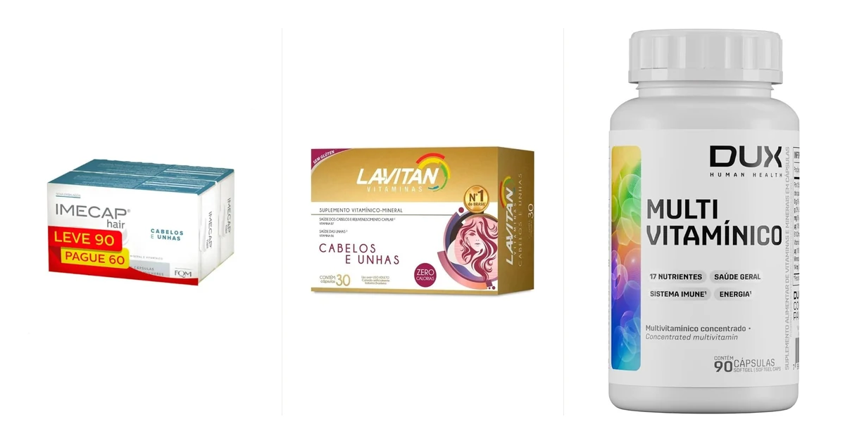 Frascos de suplementos vitamínicos para cabelo alinhados sobre uma bancada