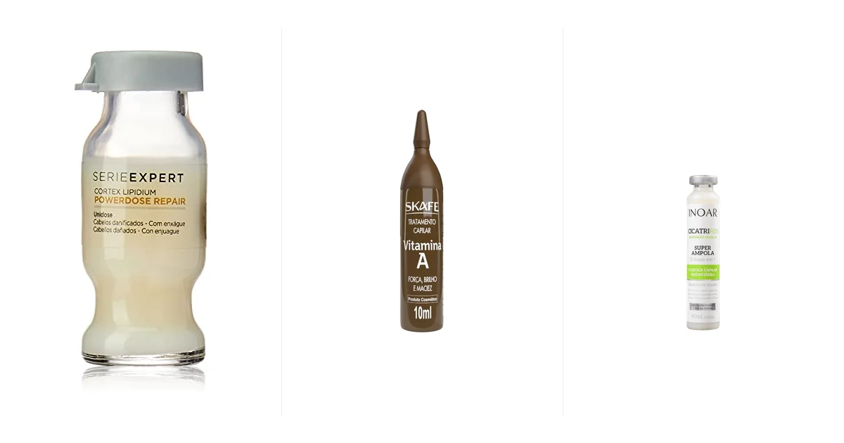 Ampolas de vitamina para cabelo alinhadas sobre uma bancada