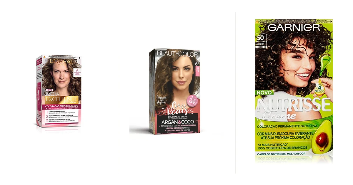 Sete marcas de tinta de cabelo alinhadas mostrando embalagens diferentes