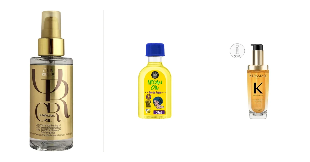 Frascos de óleo capilar alinhados ao lado de uma escova de cabelo