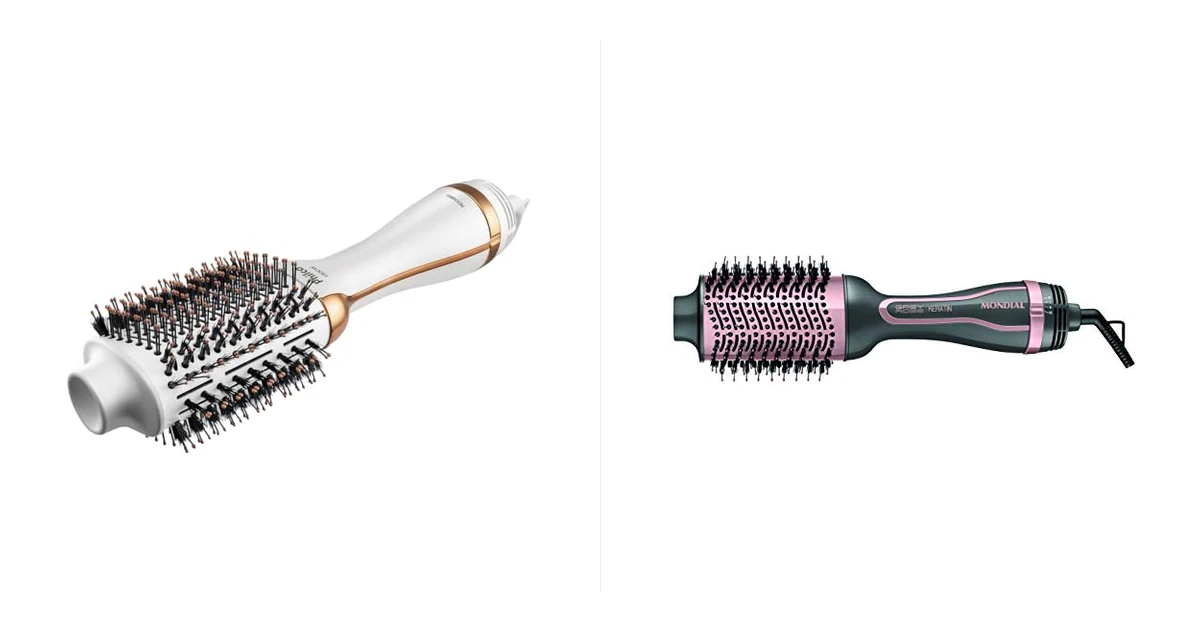 Escova rotativa Philco Air Brush 4 em 1 PES09BG ao lado da Mondial ES-11 Grey Rose Keratin em comparativo